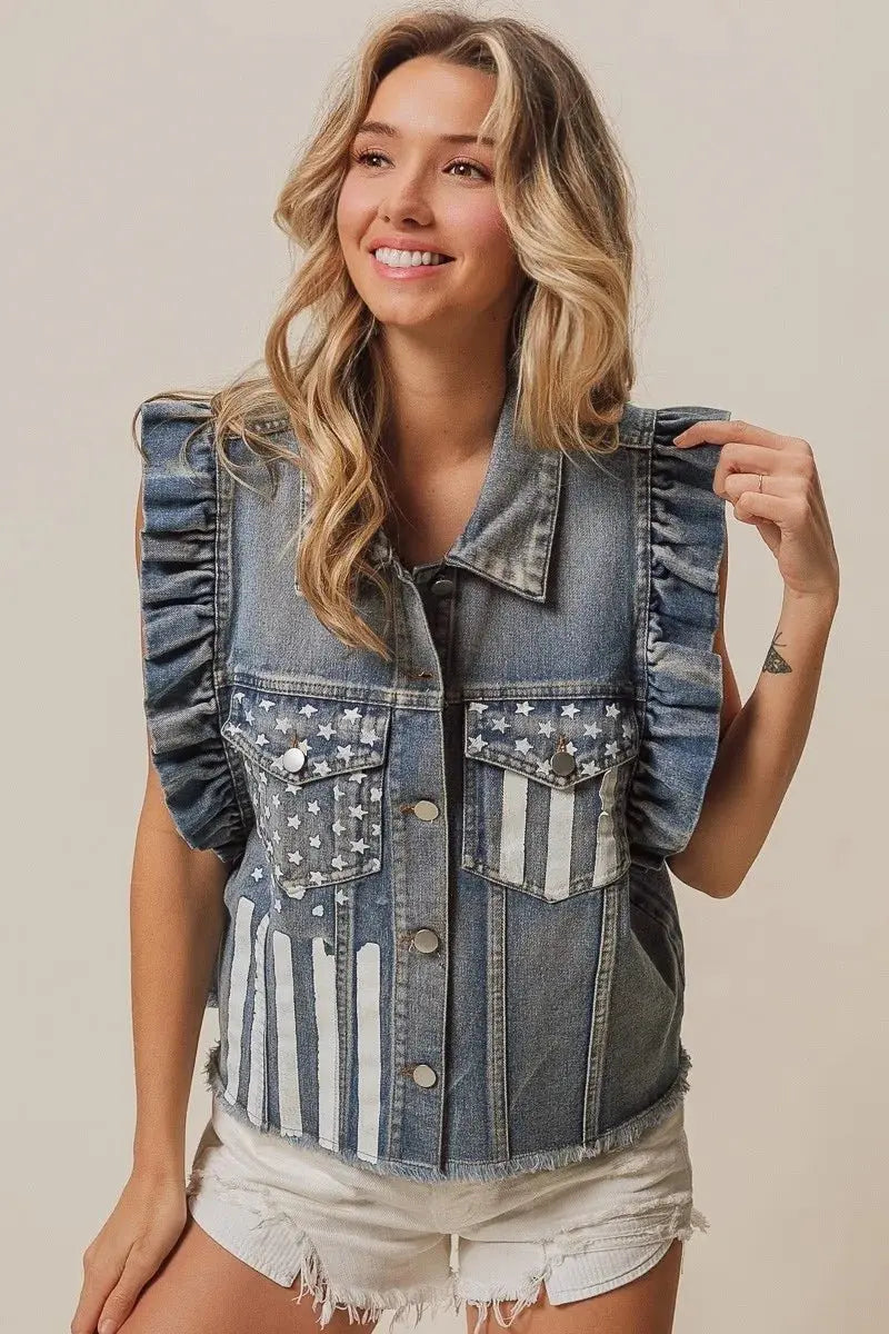 BiBi American Flag Washed Denim Jacket - Love Salve